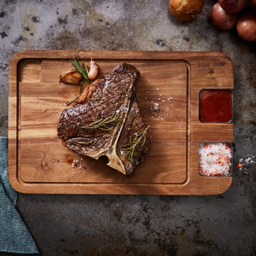 STEAK CHAMP steikarskurðarbretti með sósuskálum