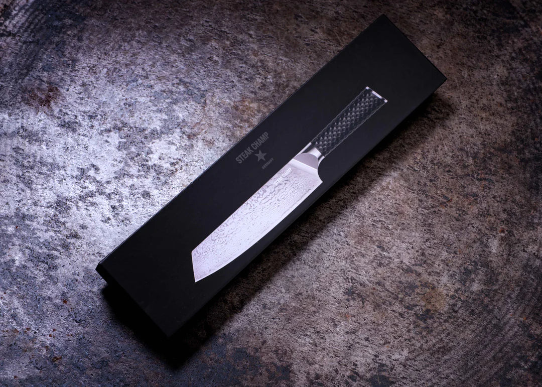 STEAK CHAMP Damascus Kokkahnífur "Wagyu", 20cm/8” með leður hulstri